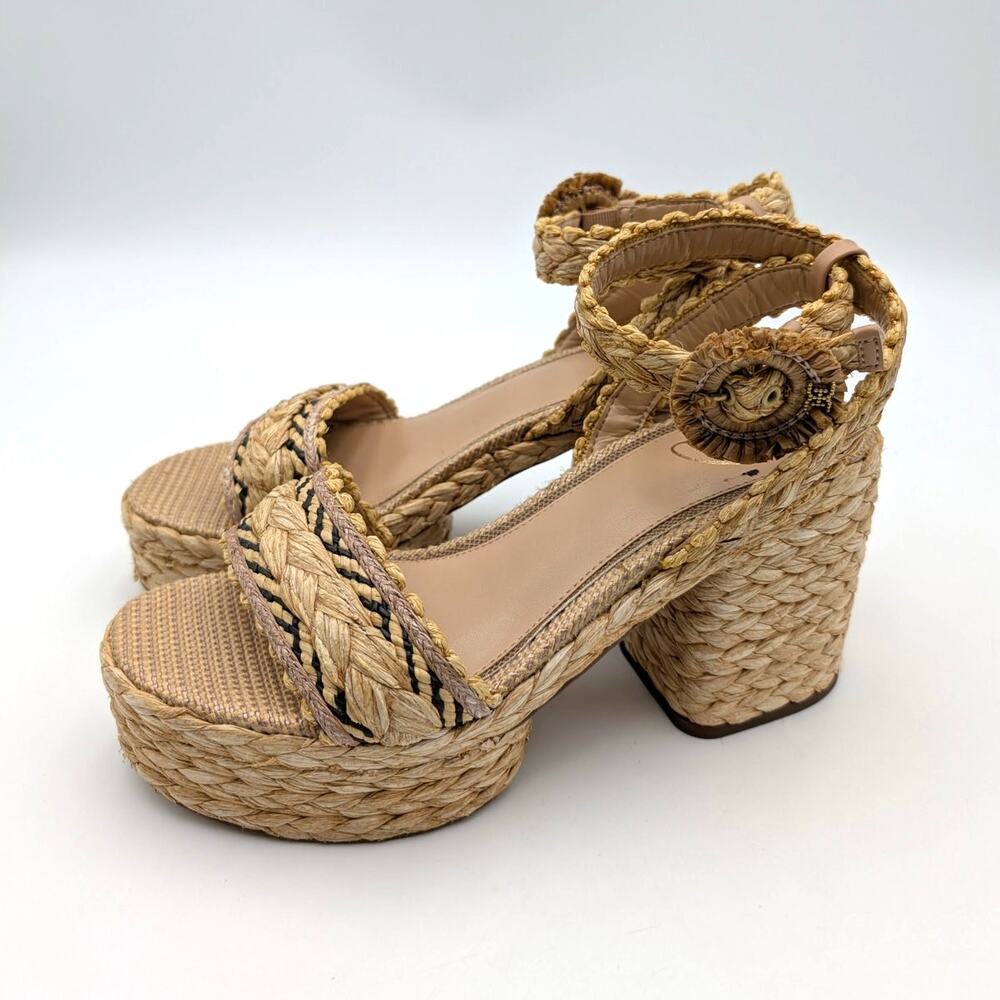 Sam Edelman Iliana Ankle Strap Wedge Sandal Women's Sand Raffia Sz US8.5M EU39